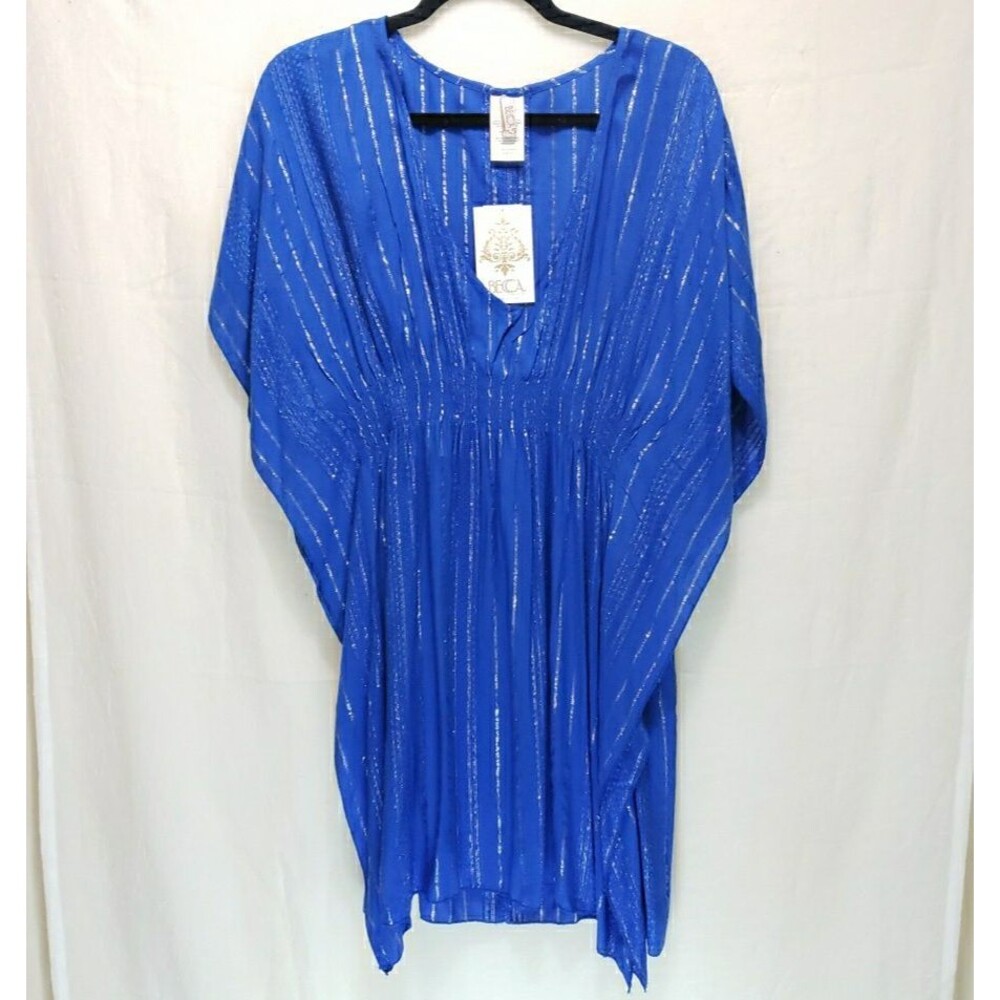 NWT BECA by Rebecca Virtue Blue Metallic Stripe Kaftan Swim Cover Up XS/S